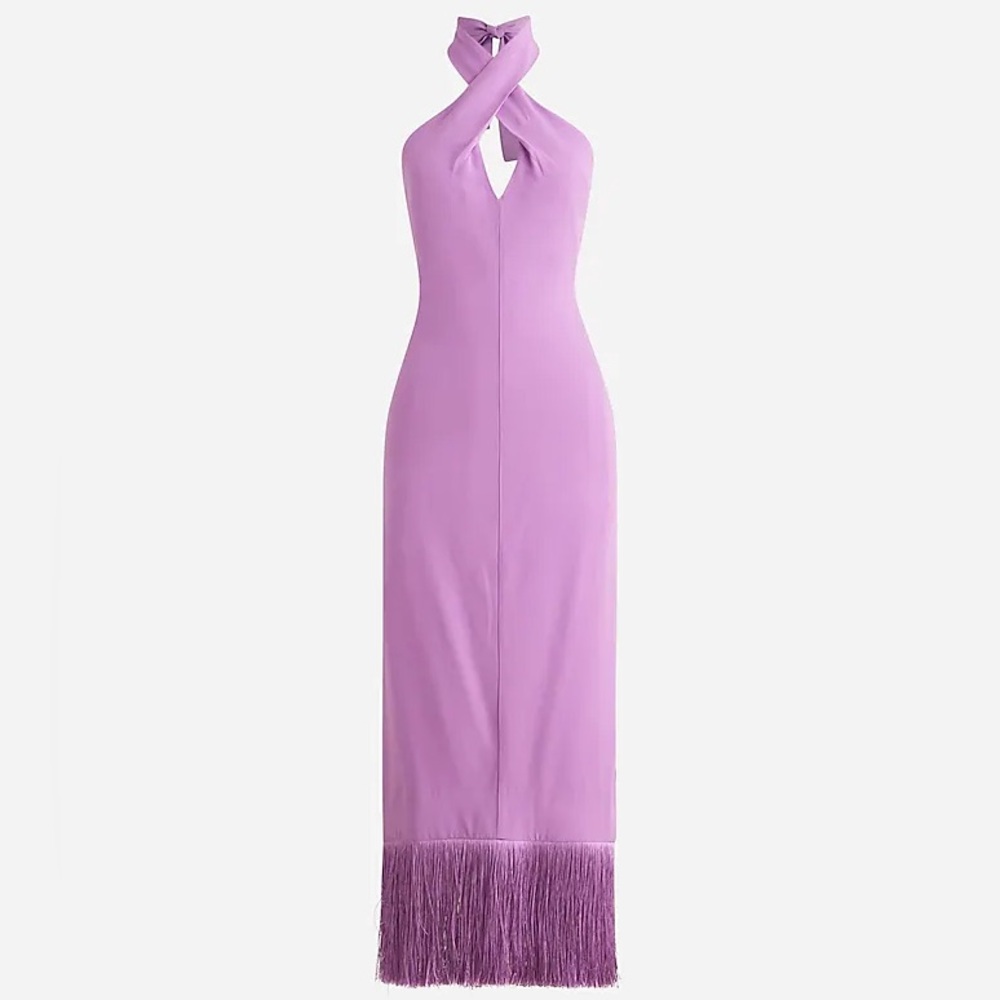 J. Crew Collection halter neck fringe hem dress in crepe purple keyhole midi